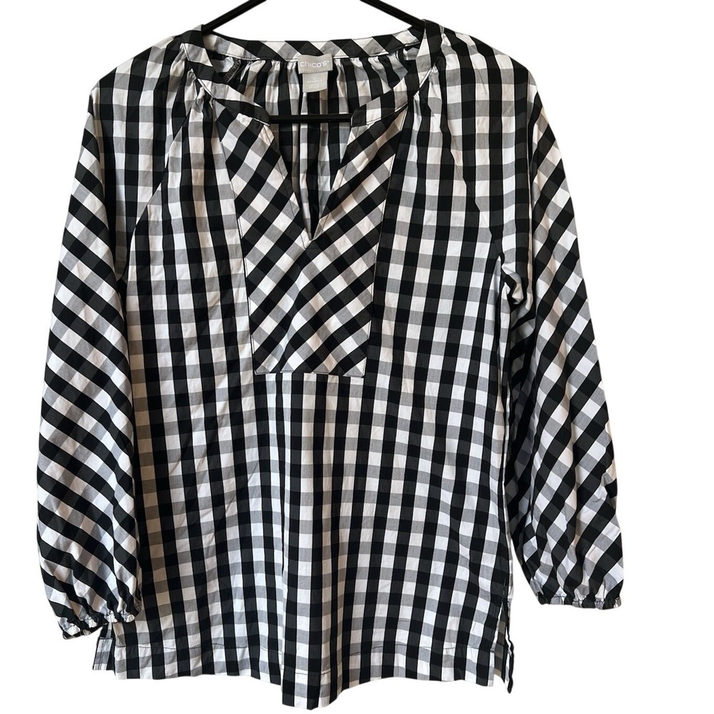 Chicos Gingham Check Tunic Top Black White Split Neck Blouse Size 0 S 4-6